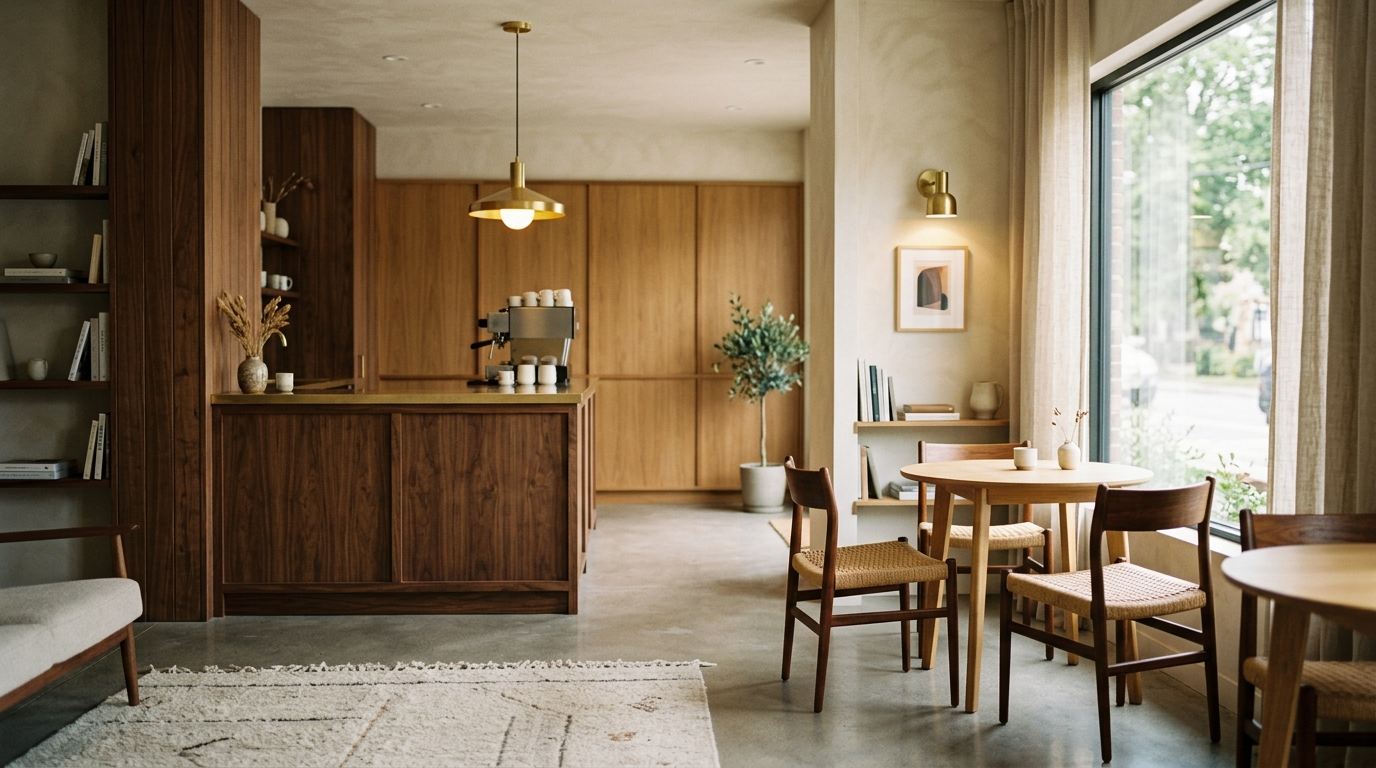 Interior kafe berkabinet walnut dengan meja bar, lampu gantung kuningan, dan kursi rotan