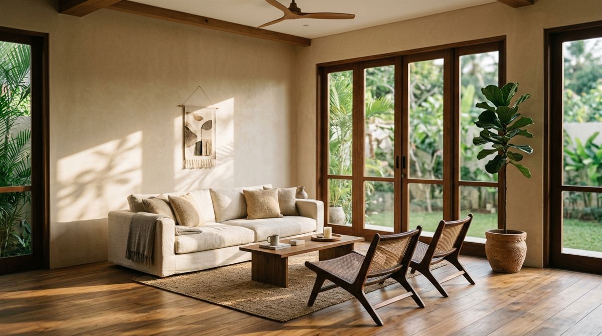 Ruang duduk hangat dengan sofa linen, kursi rotan, lantai kayu, dan pintu kaca ke taman